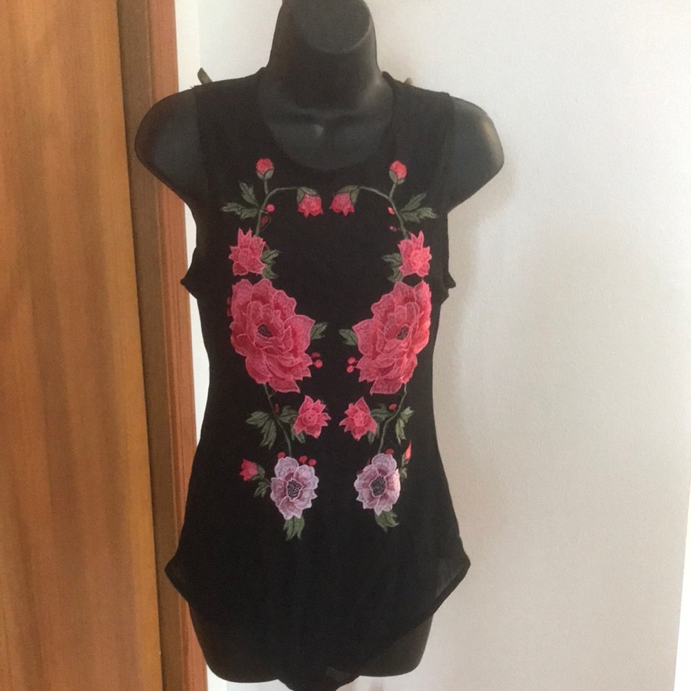 Floral Embroidered Black Sleeveless One Piece Sheer Vintage Haute Monde